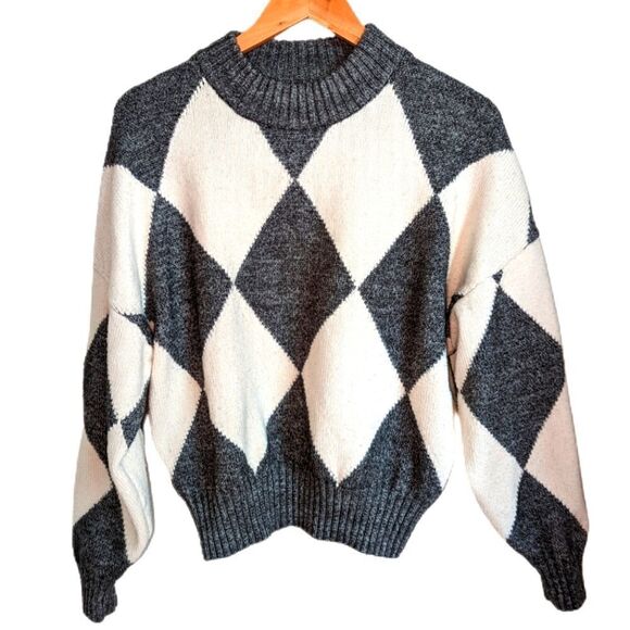 PRINGLE OF SCOTLAND Grey & White Argyle Wool Knit Crewneck Sweater Size Small - Picture 2 of 11